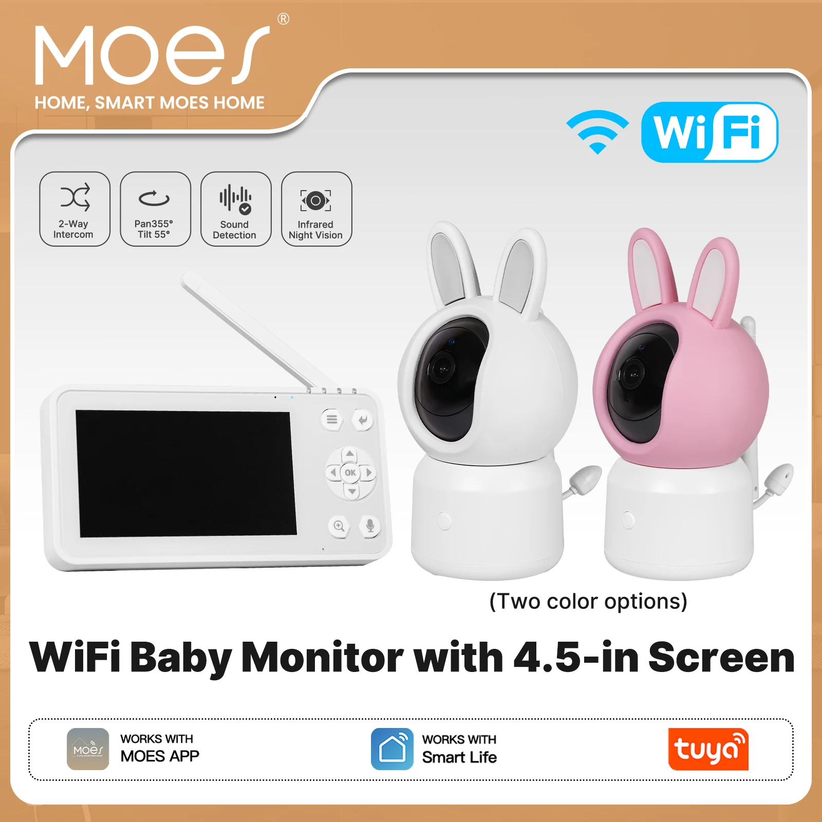 MOES Tuya WiFi Smart Baby Pet Monitor Security Camera With 4.5 Inch LCD Screen PTZ Zoom Surveillance Temperature Sensor Lullaby