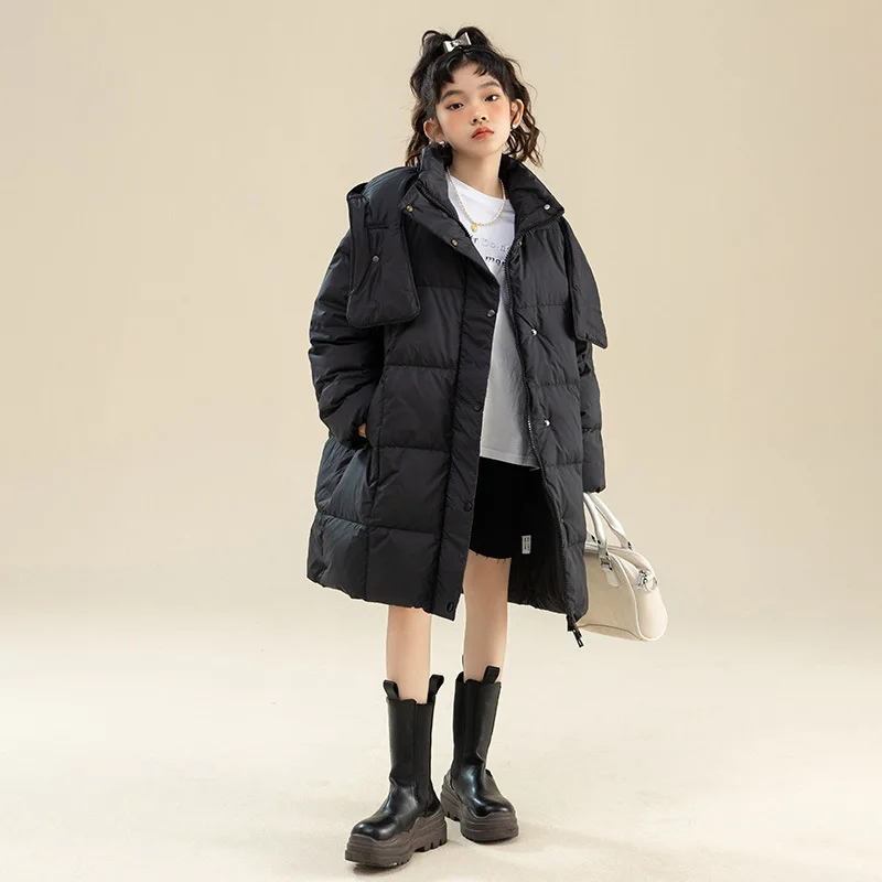 

2023 Korean Winter Children Girl Long Down Jacket Elementary Girl Hooded Thicken Warm Down Jacket School Girl Winter Coats