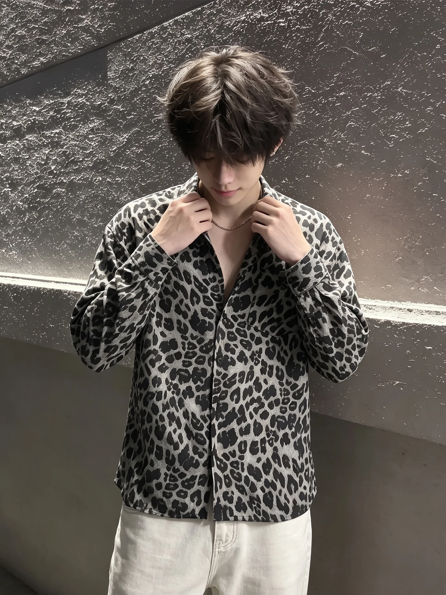 American Pure Desire Ice Silk Leopard Print Men's Summer Cool Feeling Sun Protection Loose Shirt Casual Style Long Sleeve