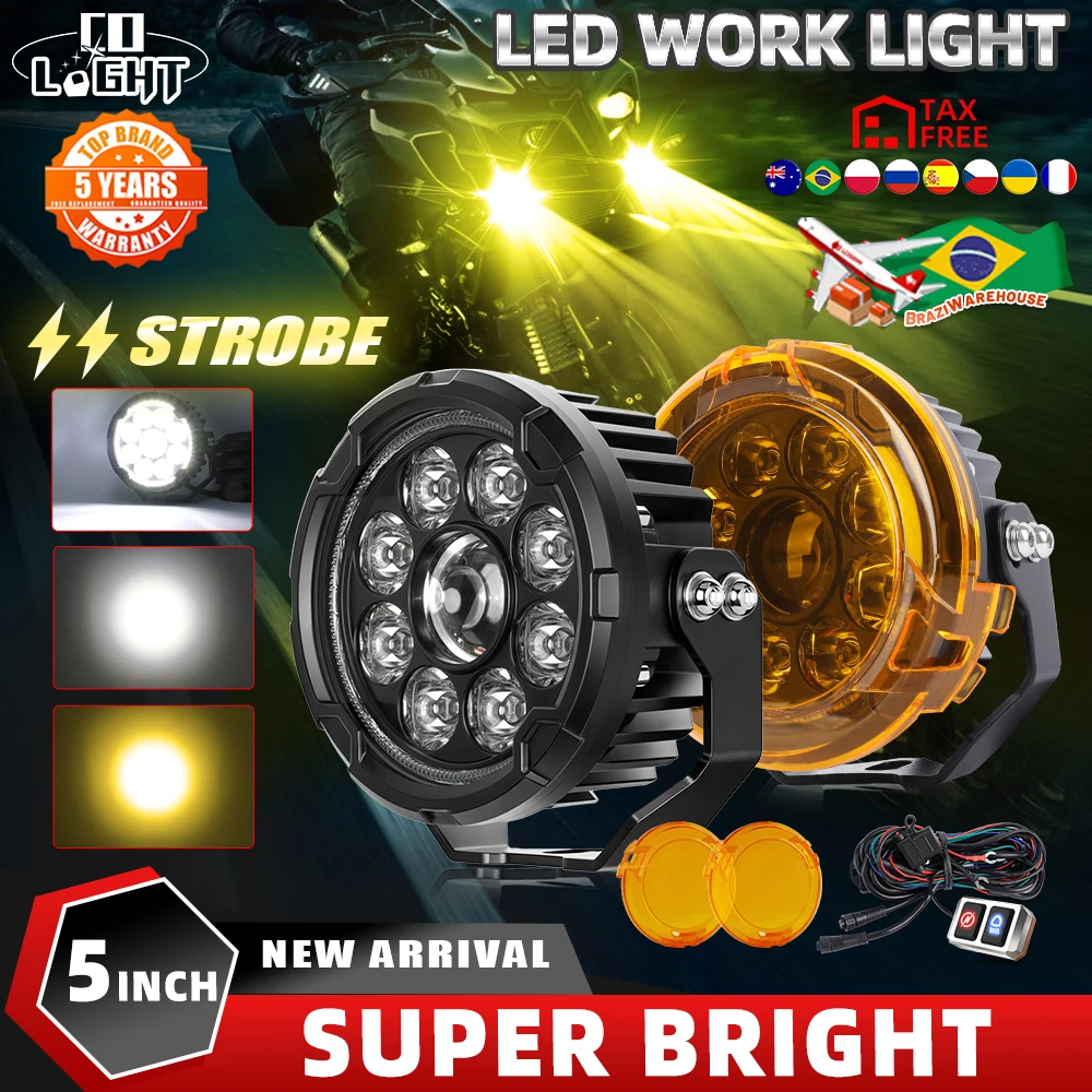 CO LIGHT 5inch LED Motorcycle Driving Lights 90000LM Strobe Auxiliary Spotlights with DRL/Angel Eye Off Road Light Motorcycle