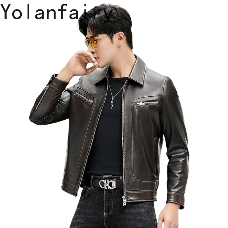 

YOLANFAIRY 100% Genuine Leather Jackets Man Top Layer Goatskin Coat Vintage 2025 Autumn Winter Short Motorcycle Jacket Lapel