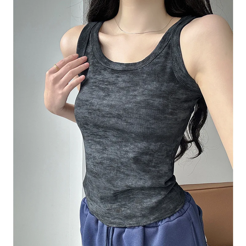 Women Sleeveless Vest Square Neck Viscose Slim Fit Watermark Print Macaron Color Summer Thin Inner Outer Wear T Shirt Top