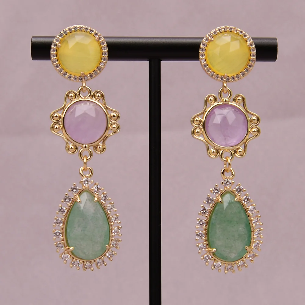 

G-G Natural Green Quartz Puple Amethyst Dangle Yellow Cat eye Stud Earrings