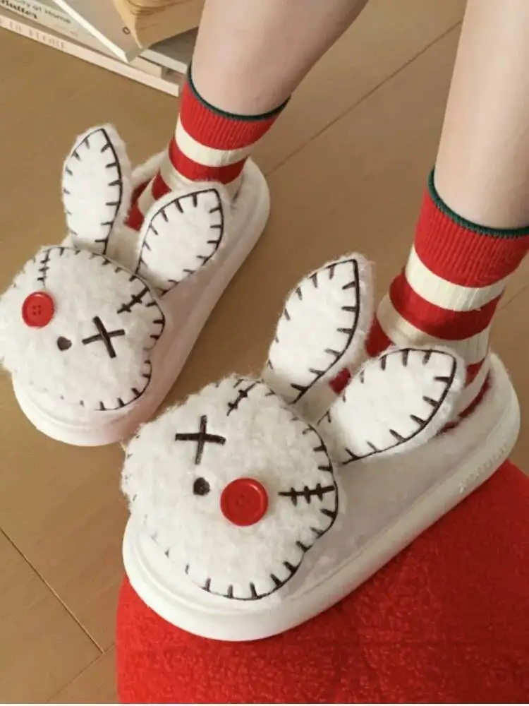 

Funny Rabbit Home Slippers Women's Winter Warm Non Slip Cotton Slippers Fun Rabbit Pirate Design Indoor Household Slippers