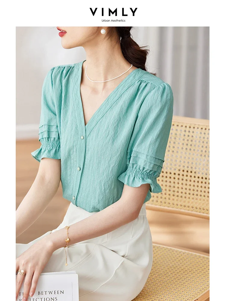 Vimly Elegant Summer Shirts & Blouses for Women V Neck Purple Fashion 2023 New Puff Sleeves Female Tops Straight Tops Clothing