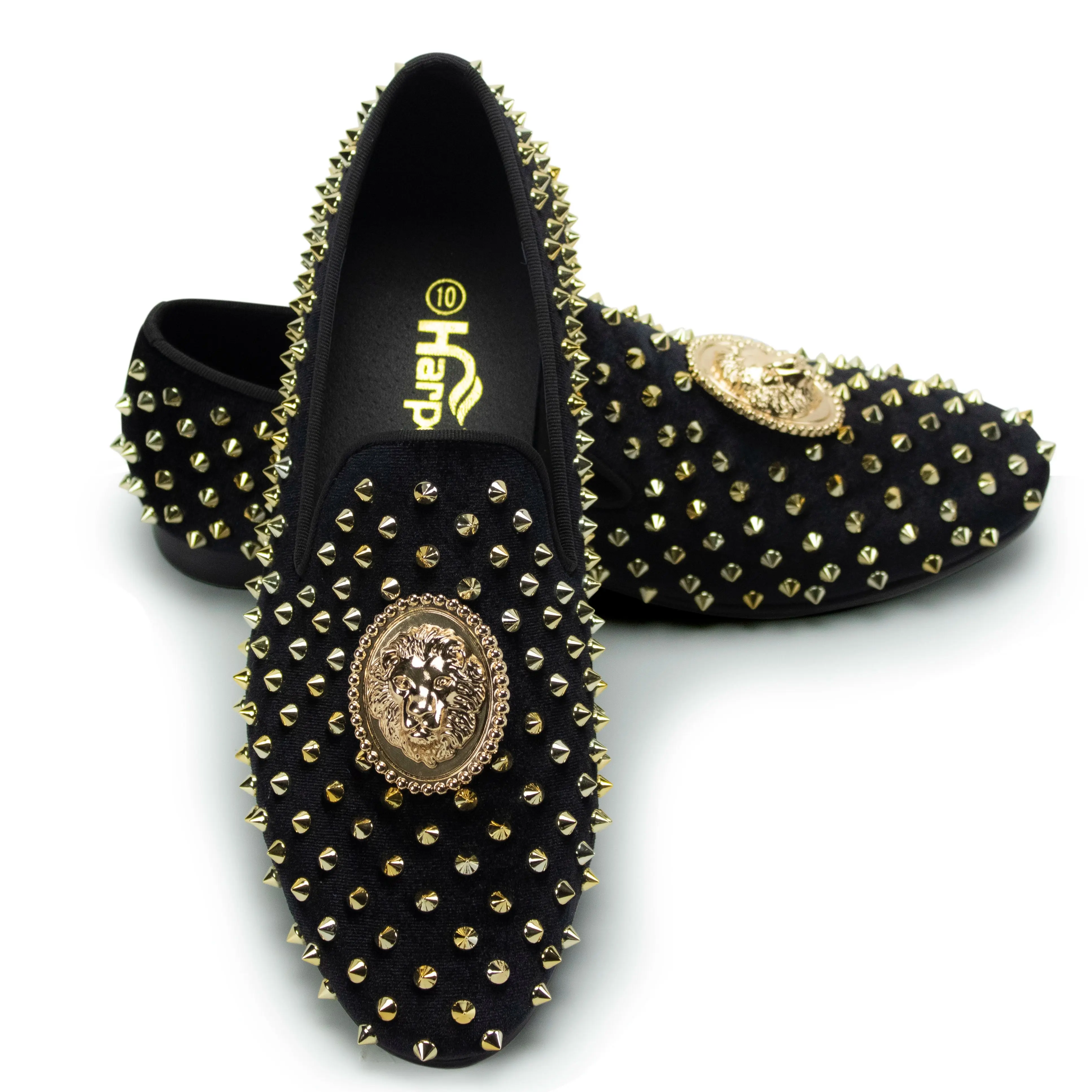 

Harpelunde Men Spikes Dress Shoes Rivets Velvet Loafers 3D Lion Emblem Smoking Slippers Tuxedo Flat Shes