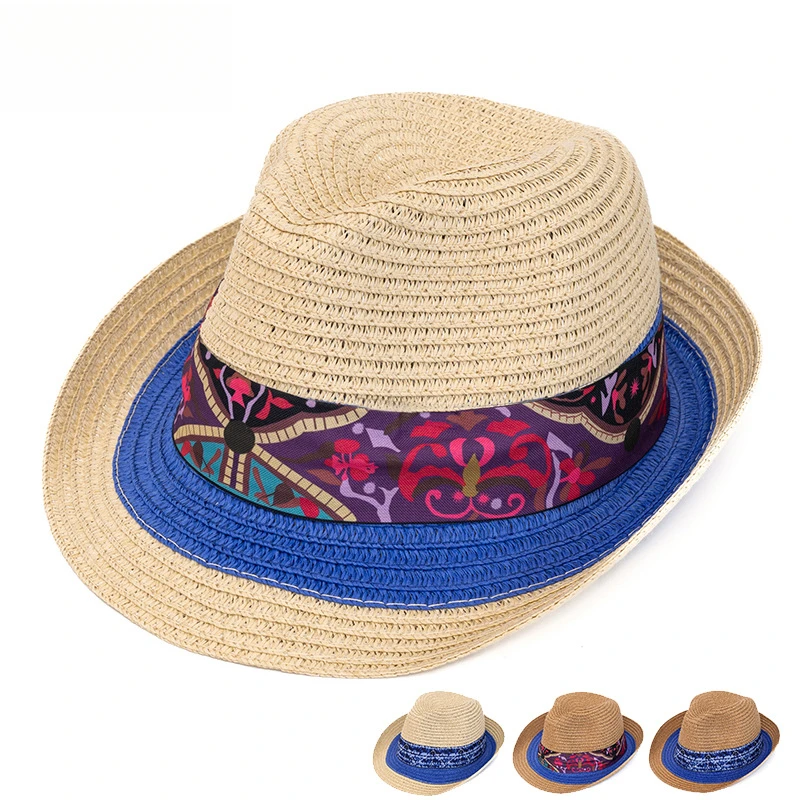 

Women's Summer Fashion Sun Hat - Daily Wear Knit Hat (56-58cm) with Short Brim, Color Block & Ethnic Print Band