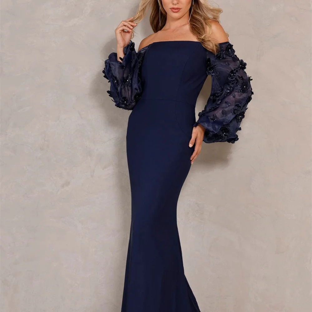 Splendidi abiti da sera lunghi a sirena maniche a sbuffo principessa accento floreale Off-the-shoulder Sweep Train Celebrity Prom Party Gown