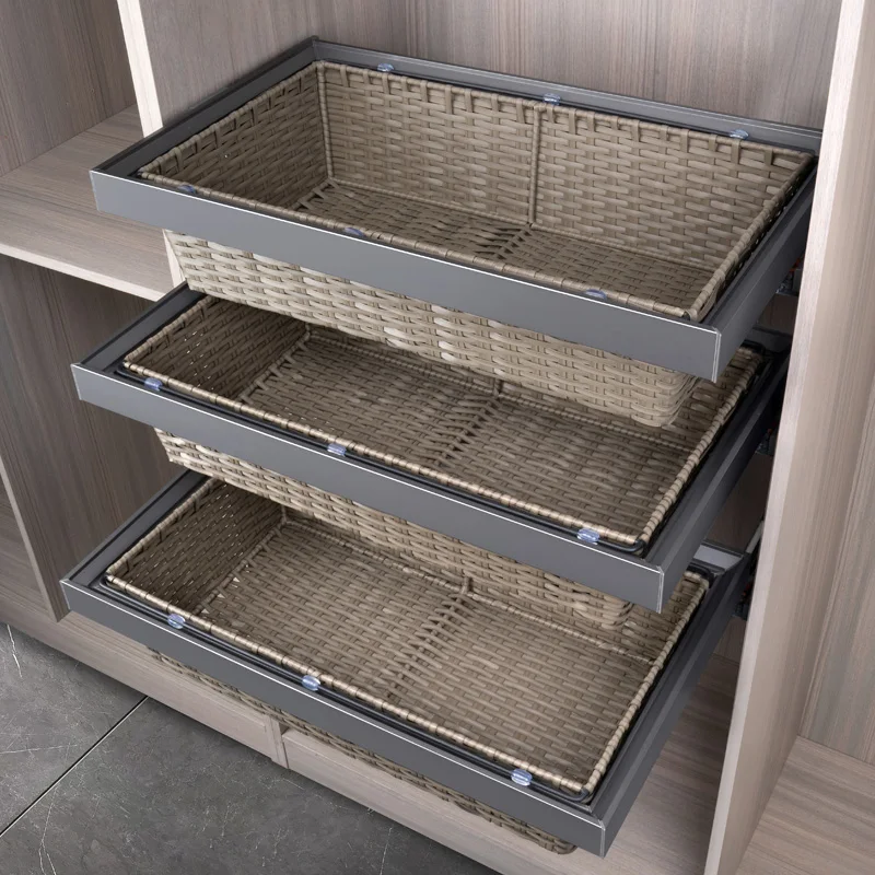 Wardrobe pull basket drawer damping cloakroom built-in household pull-out telescopic pull basket