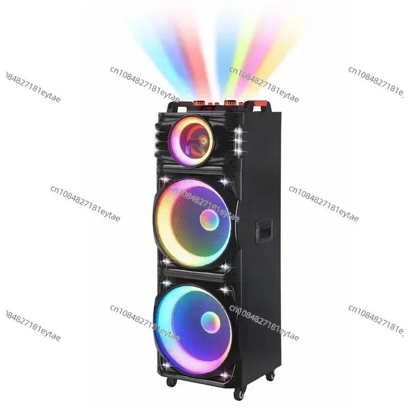 

Двойная 15-дюймовая басовая колонка 100 Вт на колесиках, USB/TF/FM/TWS/пульт ДУ, беспроводной микрофон, уличные Bluetooth-колонки