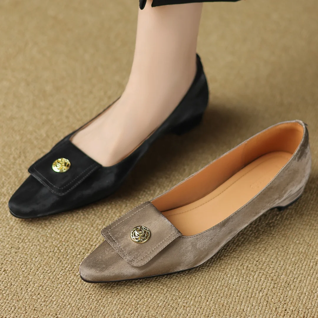 

Women's genuine leather pointed 2cm kitten heel slip-on flats metal buckle elegant ladies slim daily dress shoes for woman 2025