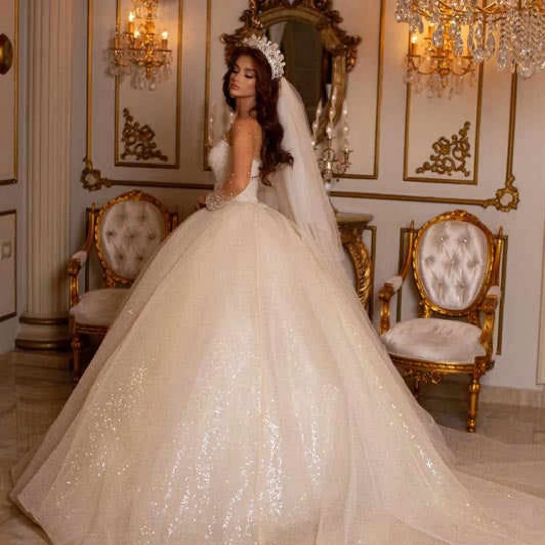 Princess Wedding Dresses Ball Gown Sweetheart Long Sleeve Pearls Lace Floor-Length Princess Bride Wedding Dress Custom Made