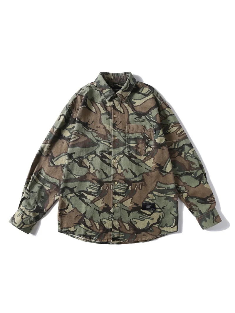 

Pure Cotton Long Sve Printed Casual irt Men's Spring Autumn Loose Fit Waed Camouflage Print Turn-down Collar Top