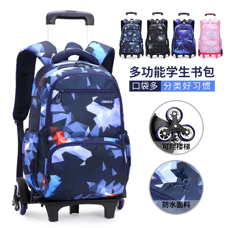 With 2/6 Wheels Kids' Luggage Primary Student Schoolbag Rolling Backpack for Boys Wheeled Bag with Lunch Box Trolley School Bags