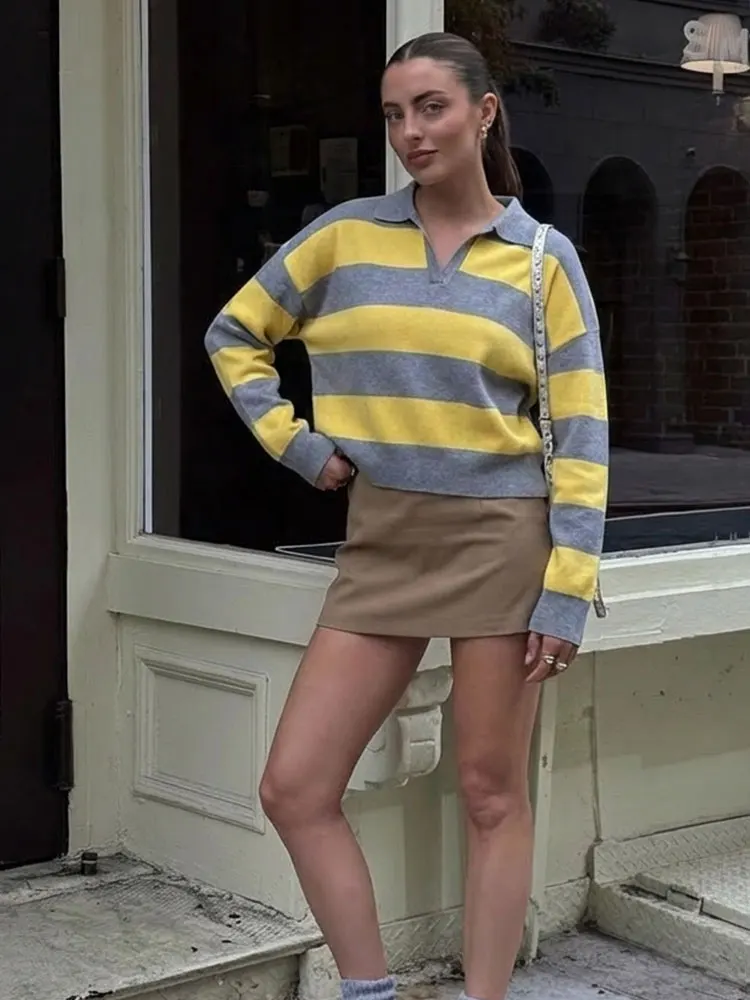 HH Women Casual Striped Sweater Knit Tops Polo Neck Loose Long Sleeve Sweater Pullover Spring Y2K Vintage Fashion Streetwear