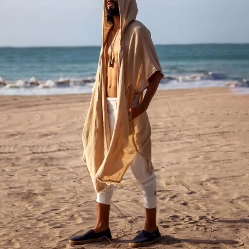 Seaside Beach Breathable Smock Cloak Men 2025 Summer Casual Solid Color Loose Hooded Cardigans Mens Boho Style Retro Long Robes