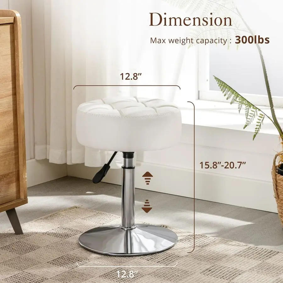 Banco de vaidade ajustável, cadeira giratória 360 para sala de maquiagem, banco de couro sintético branco para banheiro, sala de estar