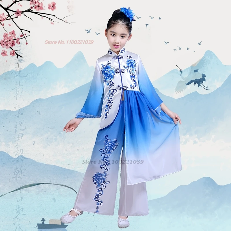 

2025 chinese children vintage dance dress national gradient color hanfu tops+pants festival folk dress girl stage performance