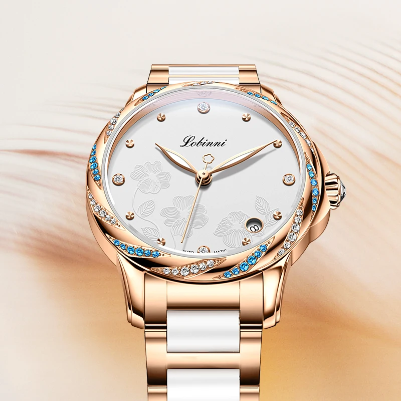 LOBINNI Women's Luxury Watch Japan MIYOTA Automatic Mechanical Sapphire Diamond Waterproof 50M Date Ceramic Band Clock L2076L