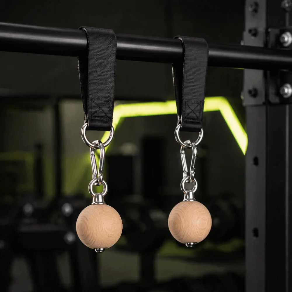 6pcs Wooden Pull Up Ball Grip Stainless Steel Carabiner Hanging Design Pull Up Ball Nylon Webbing Climbing Holds Ball Home