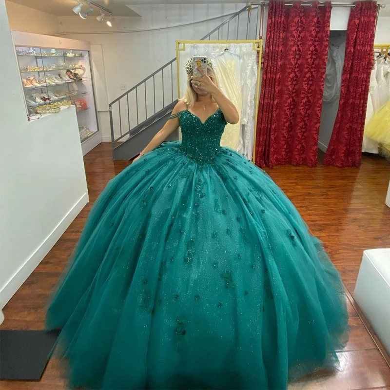 

ANGELSBRIDEP Turquoise Spaghetti Strap Quinceanera Dresses With Sequined Appliques Vestidos De 15 Años Formal Party Ball Gown