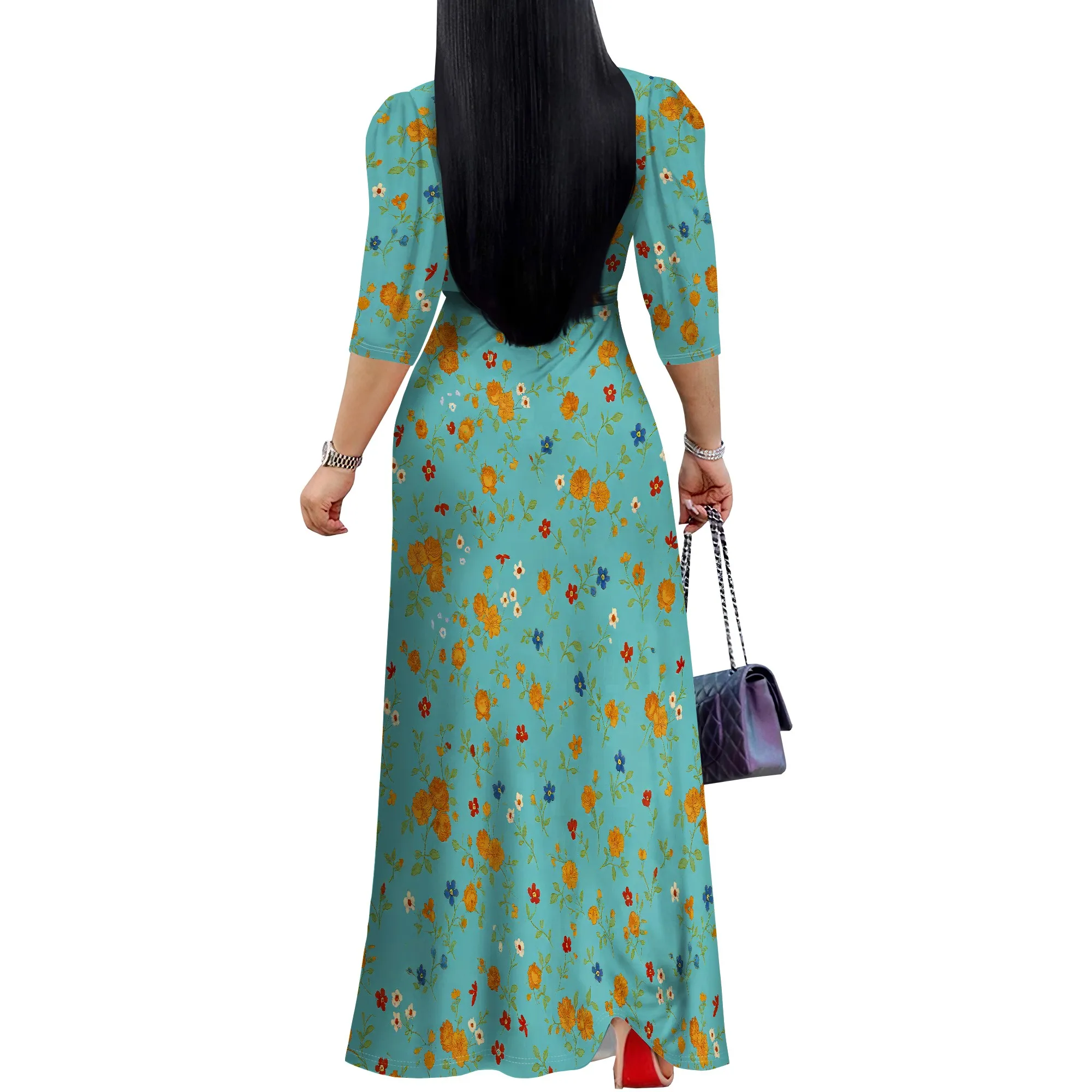 สตรีผีเสื้อพิมพ์ชุดยาว 3/4 Sleeve Wrap V คอลําลอง Flowy Beach Maxi Dresses พร้อมเข็มขัด