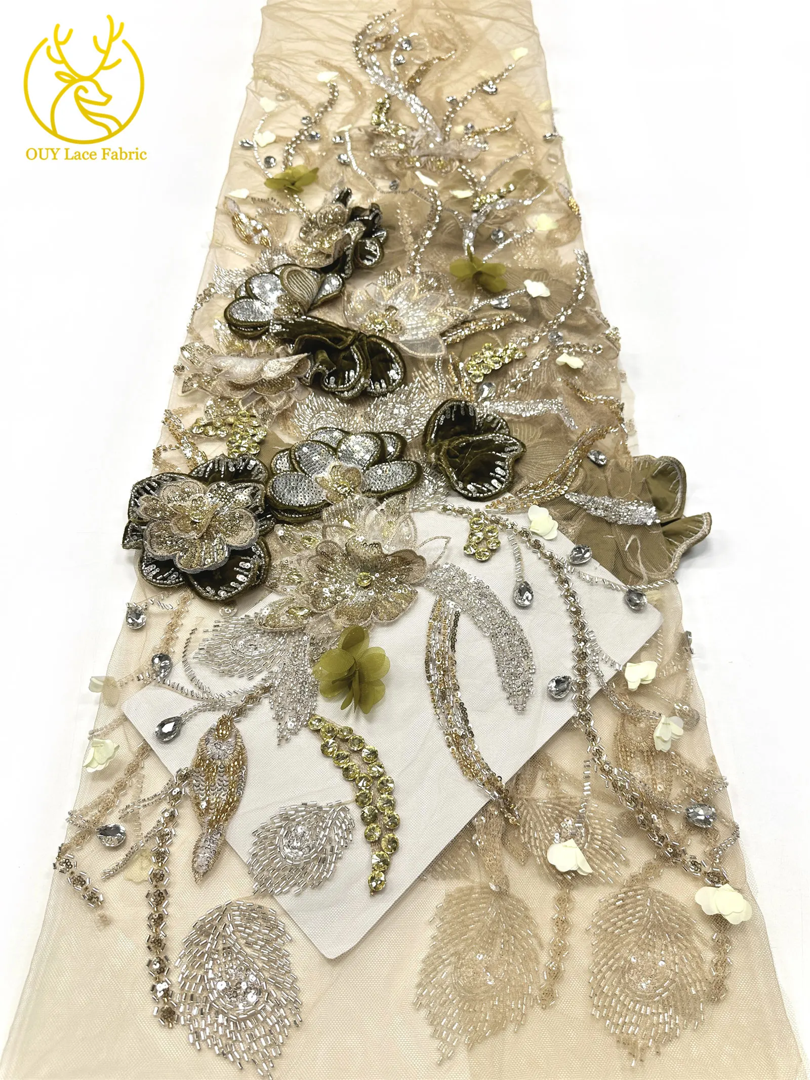Handgefertigter Luxus Maßgeschneiderter 3D-Stickerei-Blumen-Edelstein-Spitzenstoff Afrikanischer Perlen-Pailletten-Spitzenstoff für Brautkleider – Detail 12