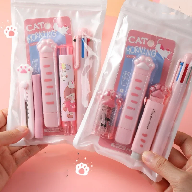 Cute Student Stationery Set Sweet Cartoon Cat Paw Correction Tape Glue Tape Eraser Gel Pen Cutter Box Set School Supplies