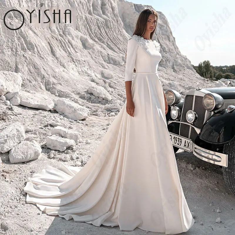 OYISHA-vestidos De novia musulmanes De manga larga con cuello redondo para mujer, exquisitos vestidos De novia con apliques De satén De línea A, vestido De novia clásicoOyisha o collar vestido de novia musulmán de mang