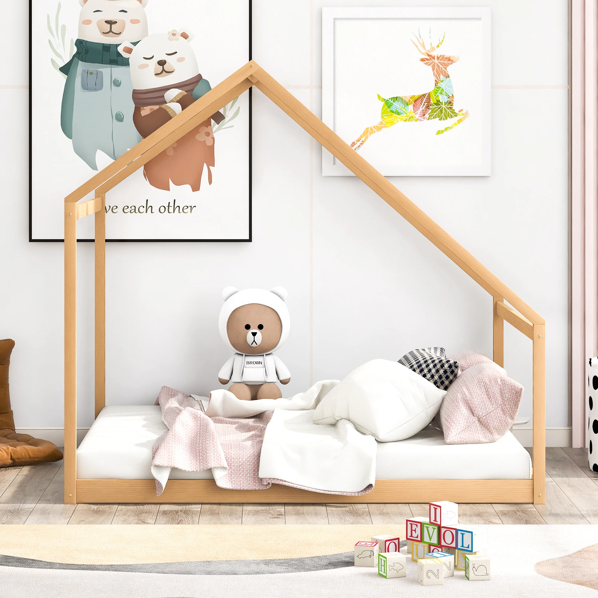 Natural Full Size Wooden House Bed with Drawers, Perfect for Kids Bedroom