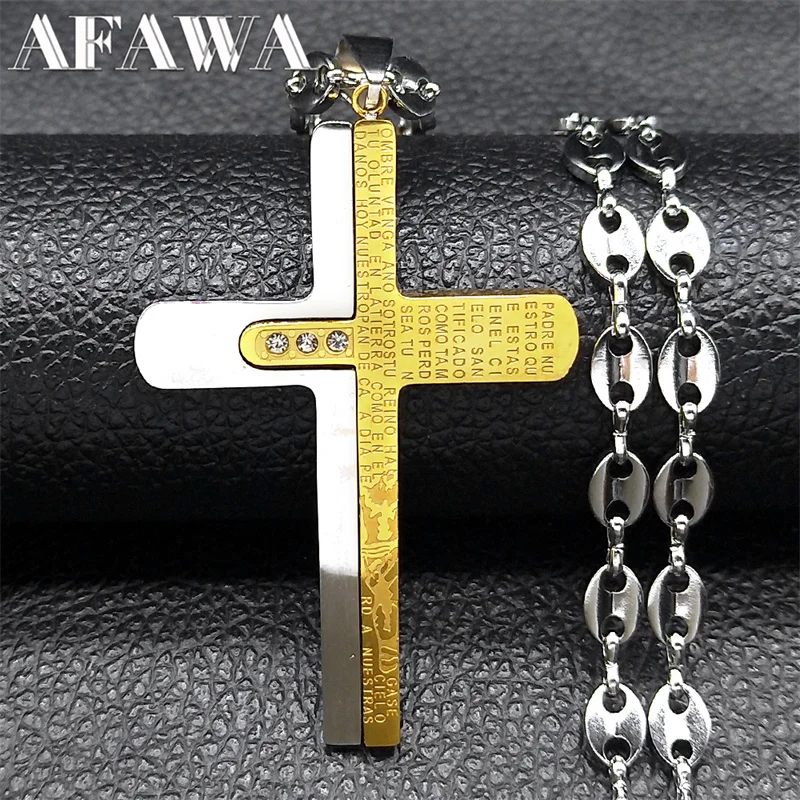 Christian Spanish Bible Cross Prayer Necklace for Women Men Stainless Steel Gold Color Male Chain Jewelry cadenas para hombre