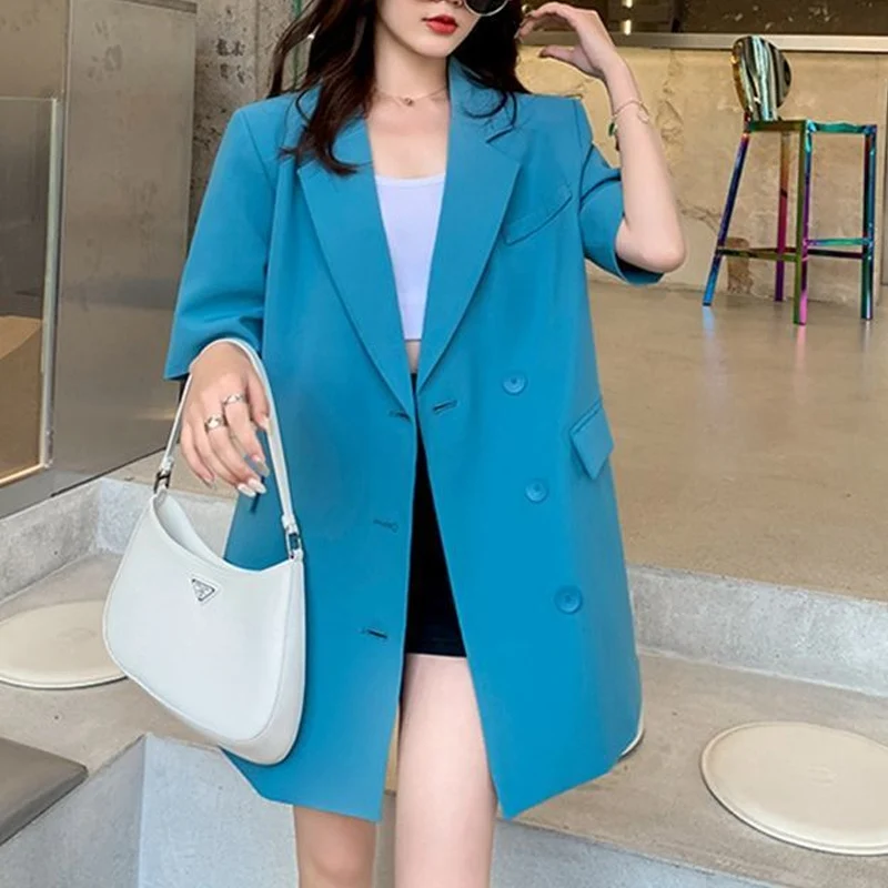 Summer New Solid Color Fashion Short Sleeve Blazers Women High Street Casual Loose Button Youth All-match Mid-length Cardigan