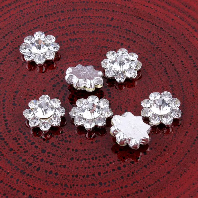 (200PCS/LOT) 12.5MM Handmade Clear Alloy Rhinestone Flatback Decorative Buttons Bling Metal Crystal Flower Button For Wedding