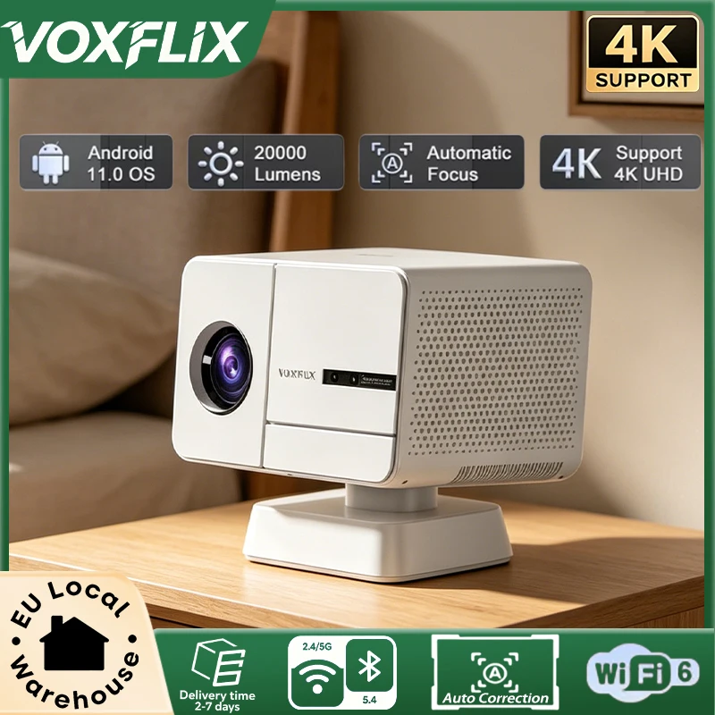 Proyector VOXFLIX X9 Ultra compatible con 4K Full HD 1080P, Android 11.0, WIFI6, reproductor multimedia de video, proyector inteligente con soporte, enfoque automático, proyector de nivel cinematográfico para interiores y exteriores.