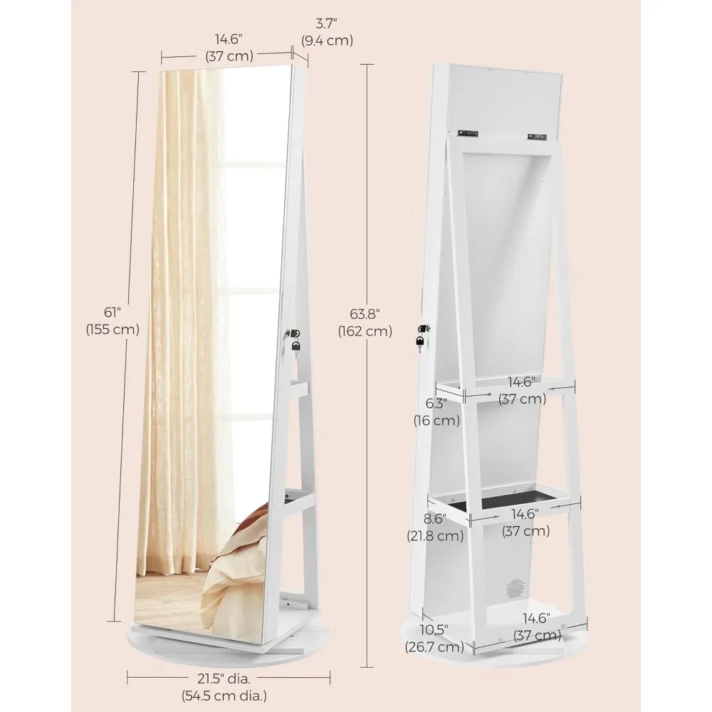 Armadietto a specchio con 3 ripiani portaoggetti e superficie bianca, in piedi con 6 LED con serratura a 360° °   Organizzatore di gioielli girevole