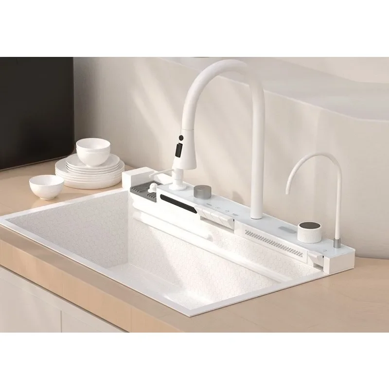 beige sink, large single slot piano button ambient light, vegetable basin digital display