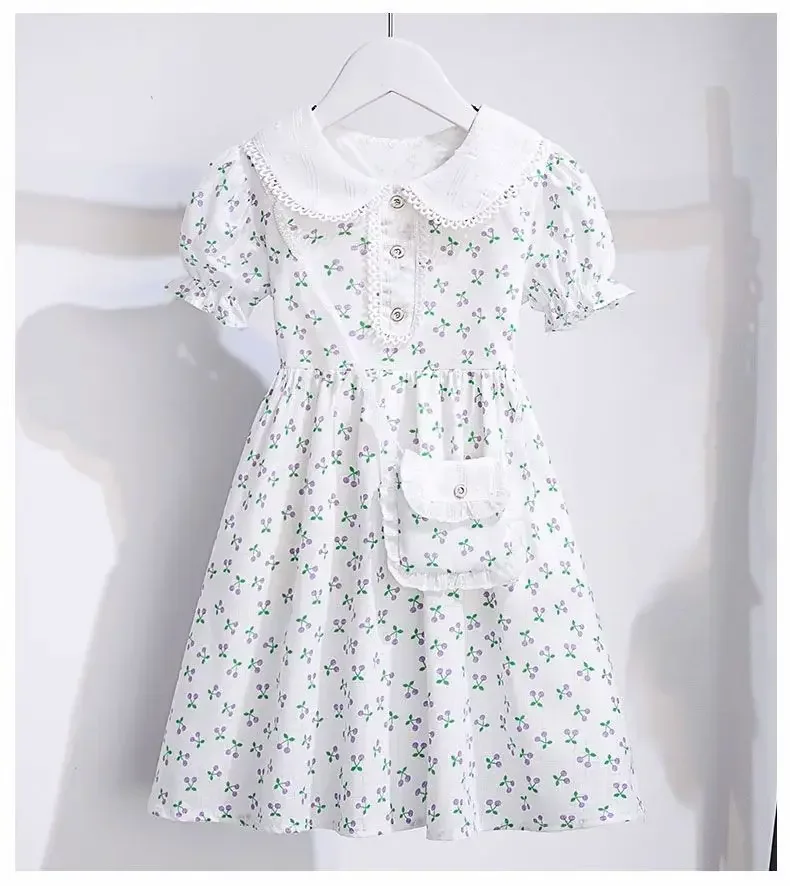 2024 new spring summer Kids Girls Princess Teenager Floral chiffon white fruit print Dresses Clothing  4 6 7 8 9 10 12 14 Years