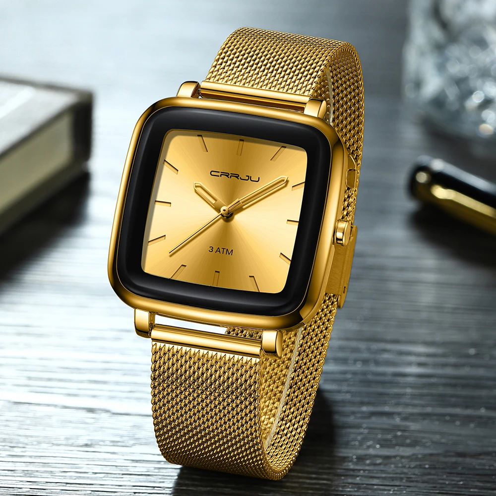 CRRJU Watch Men Top Brand Luxury Square Golden Casual Slim Mesh Steel Wrist Watch Relogio Masculino