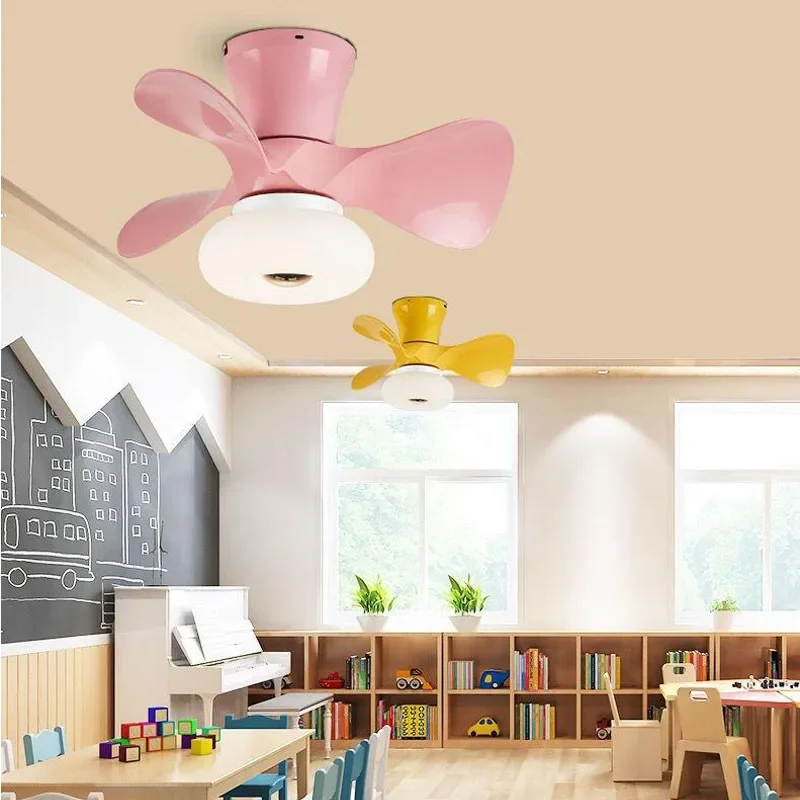 Wood Color Small Ceiling Fans Light For Living Room Bed Room Cute Colorful Macoron Fans Lamp 22 Inch APP Dimming Smart Fans