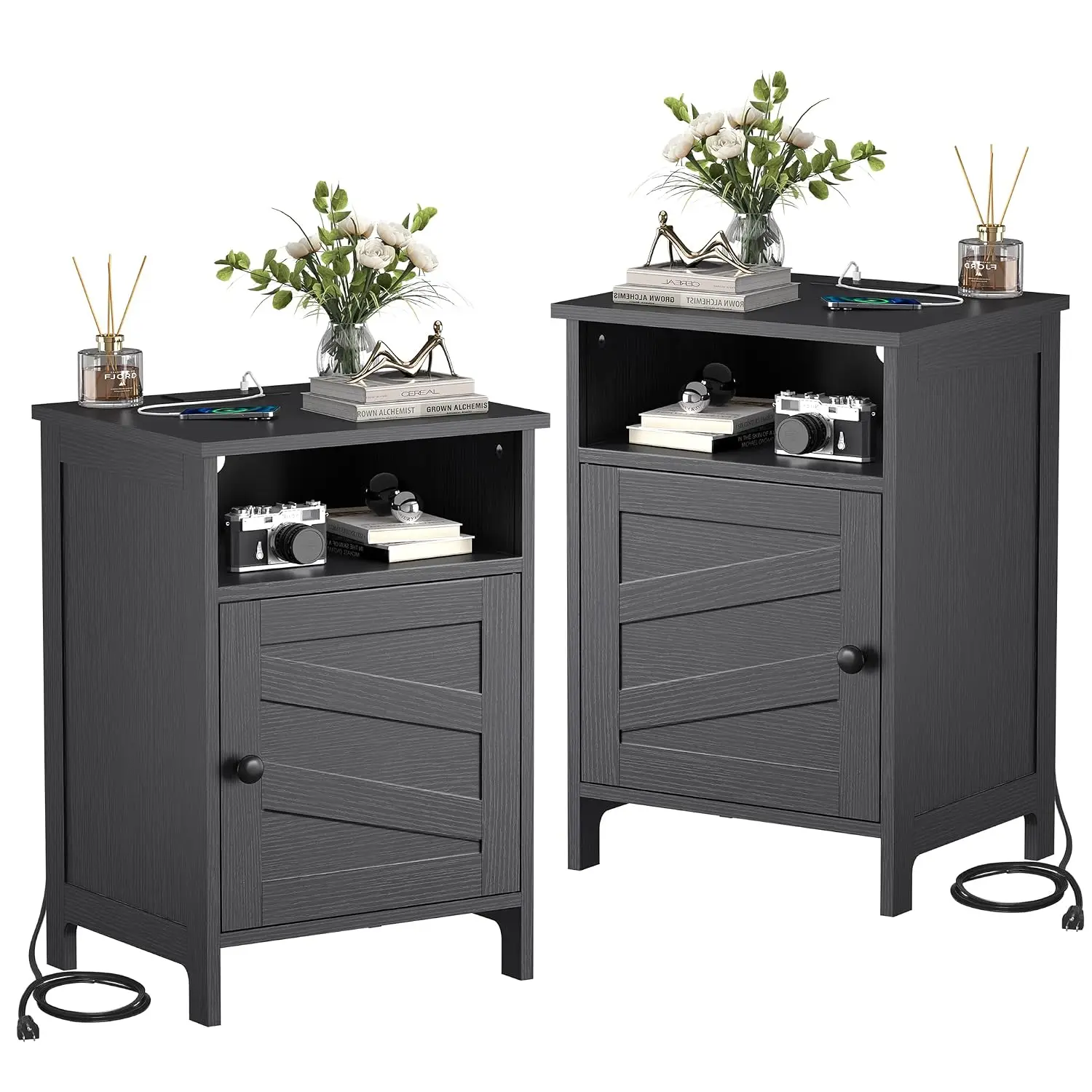 Nightstand Set Of 2 With Charging Station Open Shelf Cabinet Wooden Bedside Table USB & Outlet Bedroom, Customized