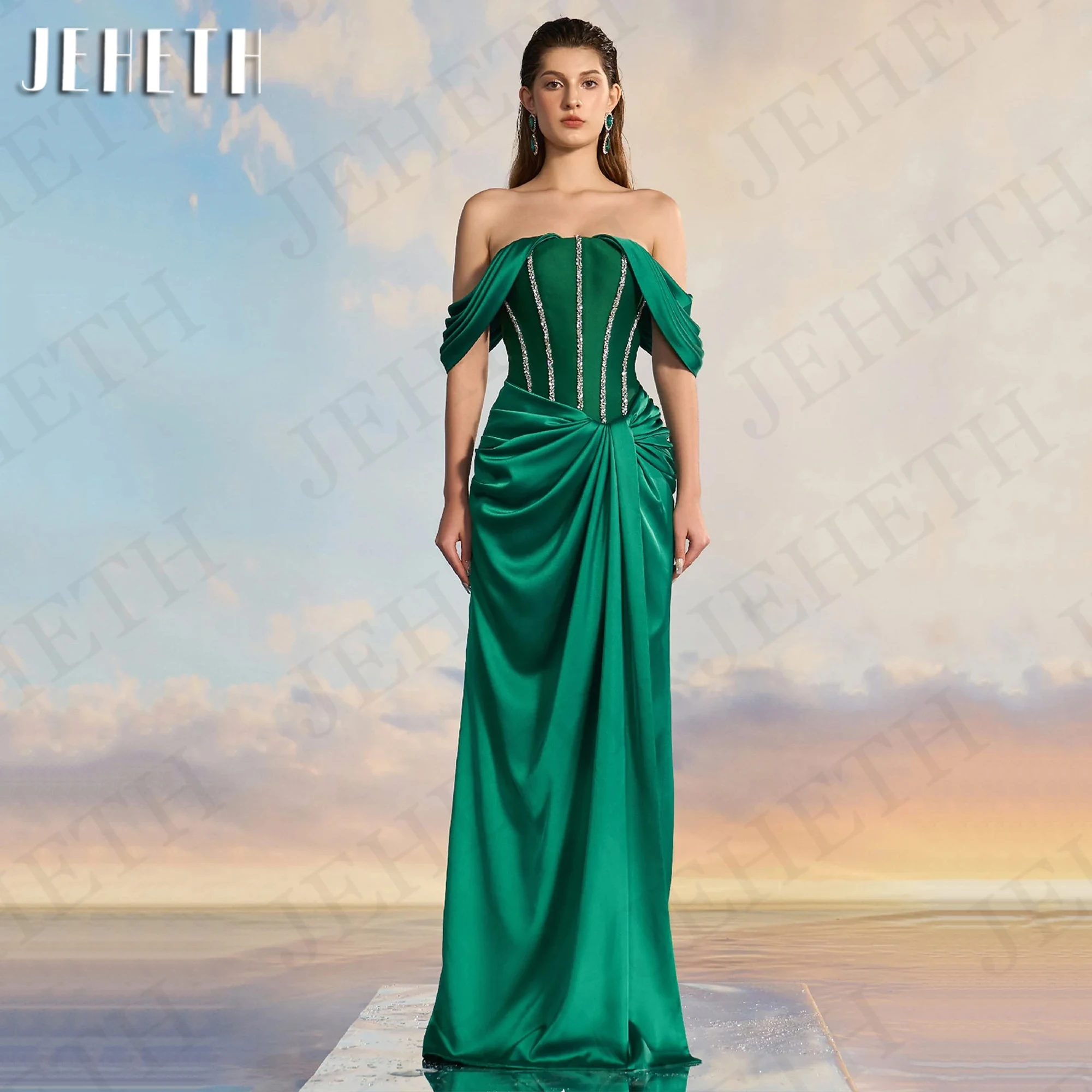 

JEHETH Luxury Evening Dresses For Women 2024 Satin Mermaid Crysatl Pleats Celebrity Dress vestidos de fiesta Party Split Green