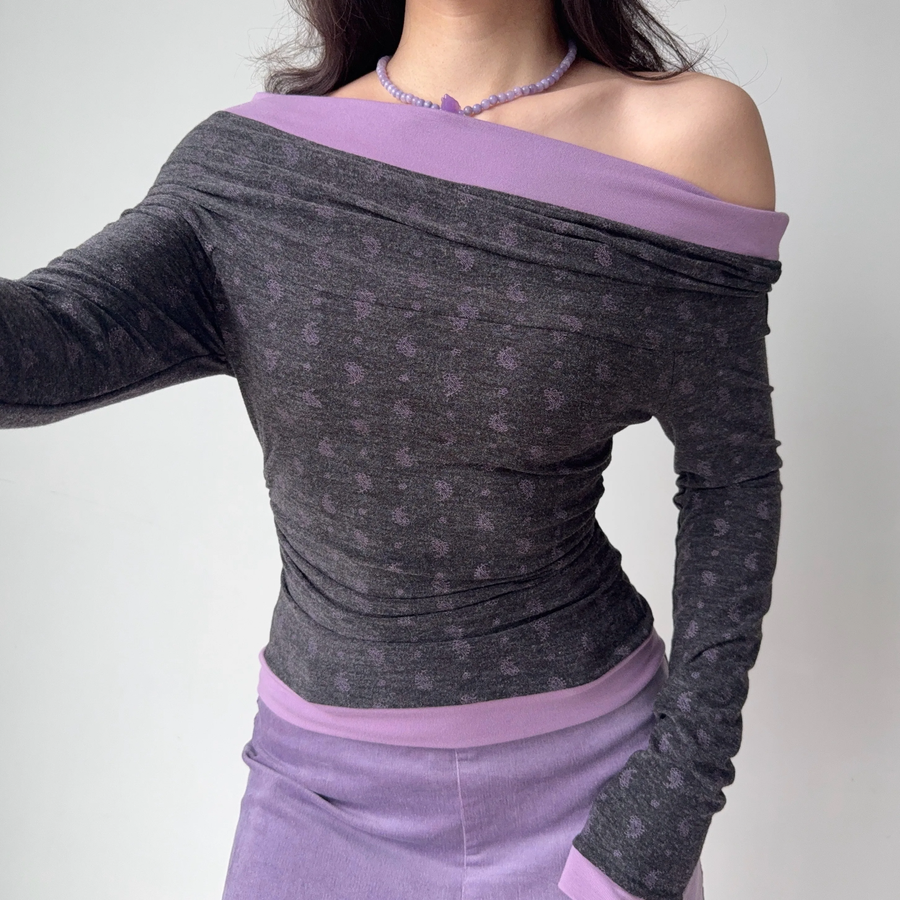 Go Girl Go Sexy Long Sleeve T-Shirt Women's Autumn Winter Slim Fit Printed One Shoulder Top Color Block Polyester Blend