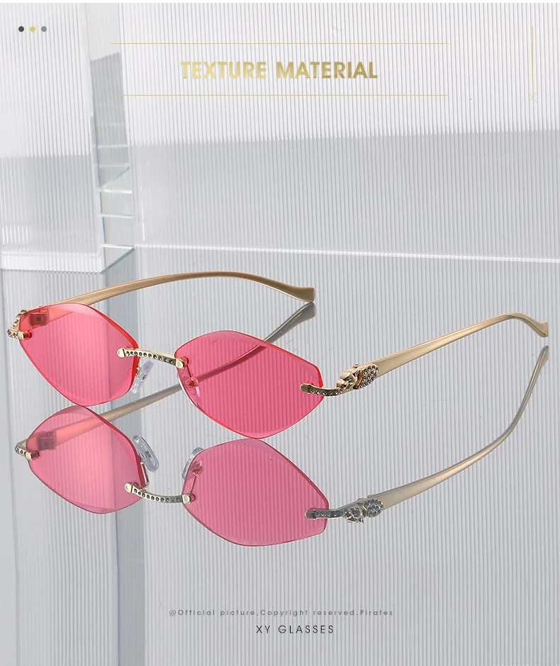 Neue Ins-Famous randlose Cat-Eye-Sonnenbrille – dünner Goldmetallrahmen mit Strasssteinen, UV-Schutz, trendige Farbtöne – Detail 2