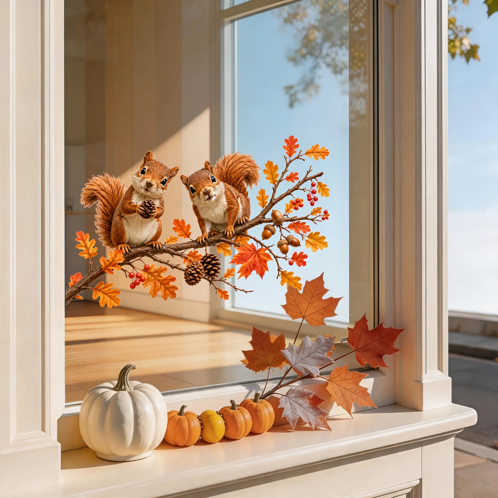 1pc Maple Branch Squirrel Acorn Window Sticker, Self Adhesive Fall Autumn Thanksgiving Halloween Home Decor Window Decal