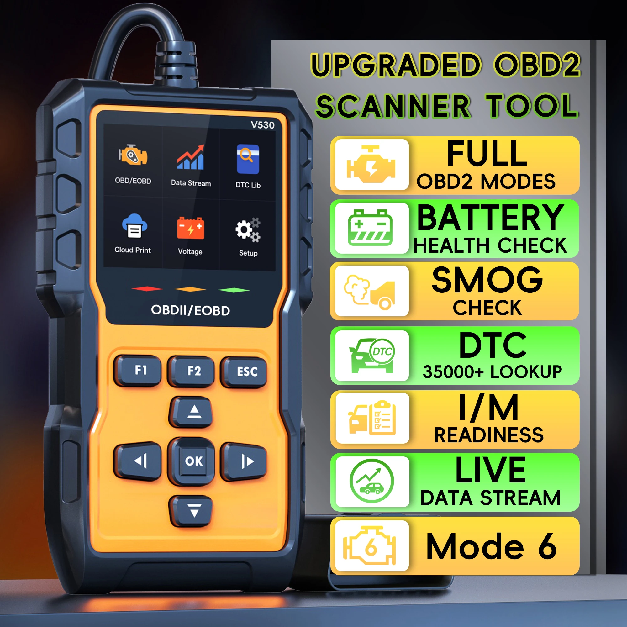 Profession OBD2 Scanner Diagnostic Tool, Check Engine Code Reader OBD2 Scanner with Reset, Mode 6, Mode 8 & I/M Readiness