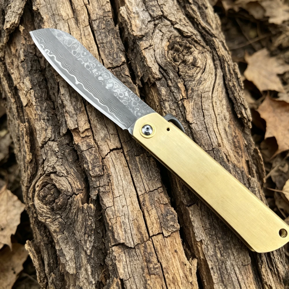 Higonokami Damascus Folding Knife with Copper Handle Lightweight Pocket Fishing &Hiking Outdoor Knives with Sheath Camping Tools