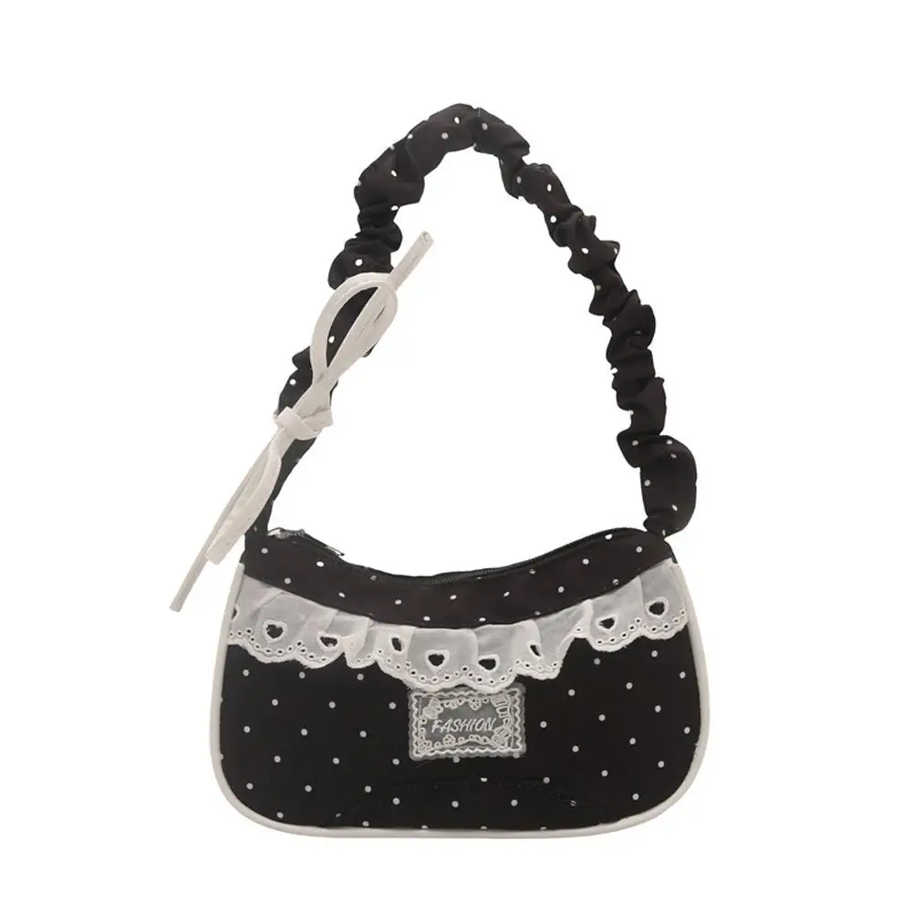 Niedliche Spitzen-Schultertasche mit Tupfenmuster, Süße Unterarmtasche mit Schleife, Y2k Mode, Lässige Schultertasche, Umhängetasche – Detail 1