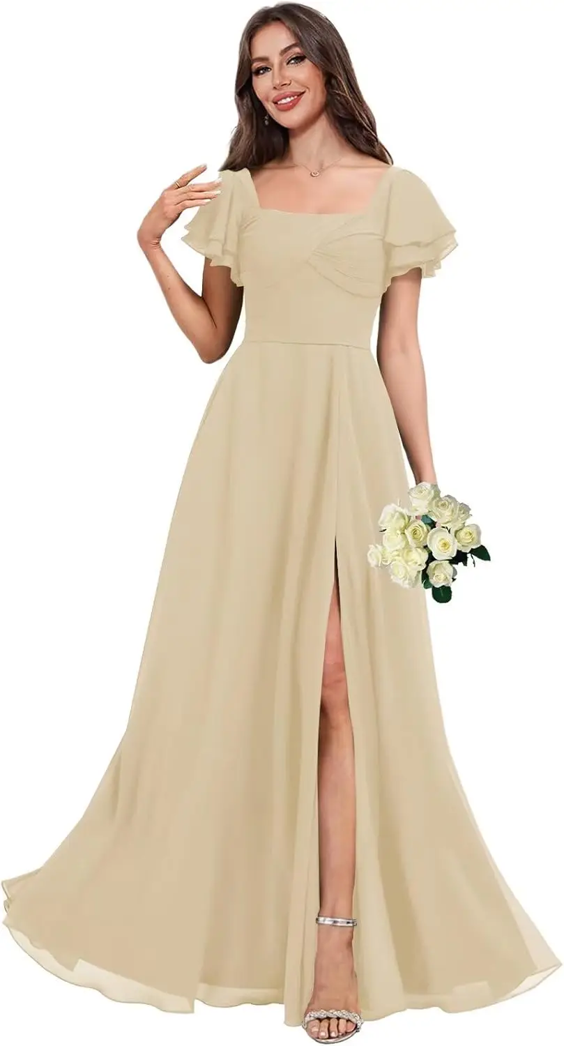 

Flutter Sleeves Bridesmaid Dresses with Slit Long A Line Formal Dress for Women Wedding Formal Dress Women Elegant