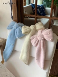 Winter New Sweet Pearl Bow Warm Versatile Scarf Student Thickened Korean Fashion Cute All Match Shawl Women Kawaii Plush Scarf