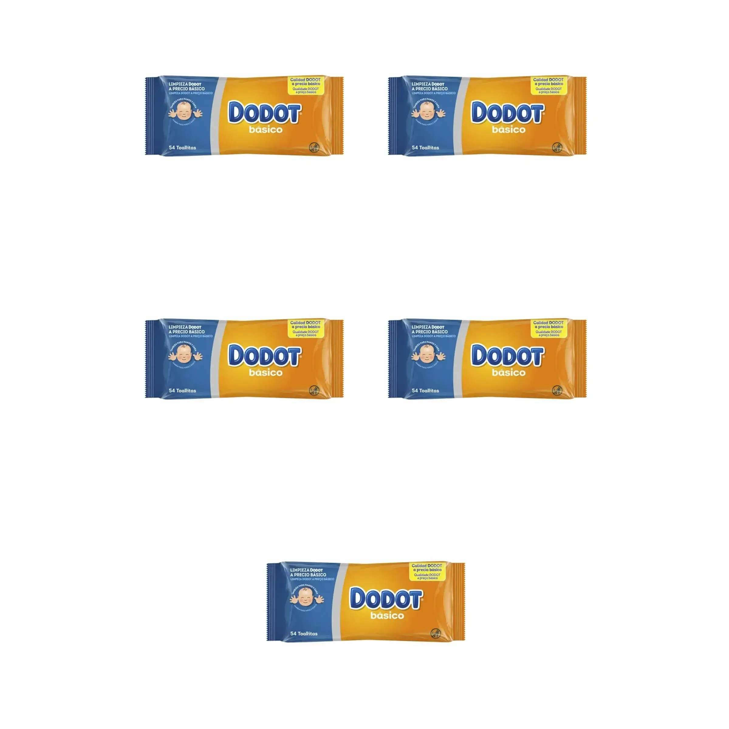 Pack de 5 paquetes de Toallitas Húmedas Dodot Básico, 54 toallitas por paquete